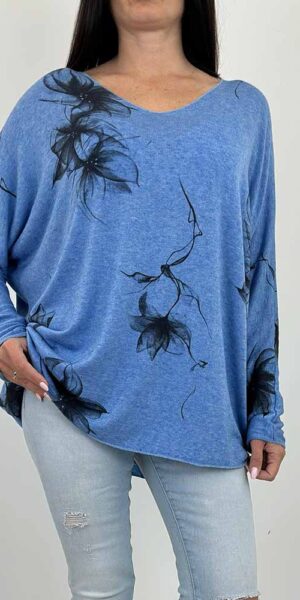 SWETEREK LINDA w kwiaty nietoperz NIEBIESKI