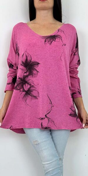 SWETEREK LINDA w kwiaty nietoperz FUKSJA