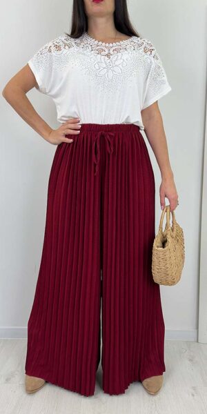 PALAZZO SPODNIE szerokie plisowane plus size bordowe