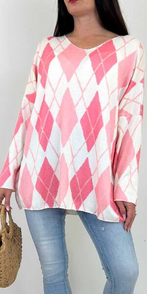 BLUZKA sweterek ROMBY wzory różowy duży rozmiar