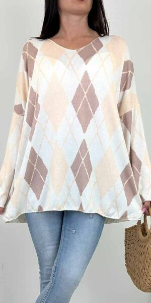 SWETEREK ROMBY wzory beżowy duży rozmiar