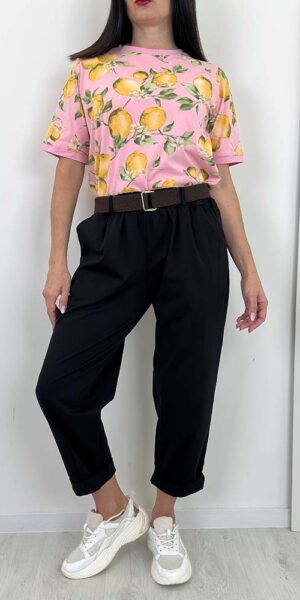 MILANO  spodnie bawełniane z paskiem CZARNE