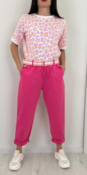 MILANO  spodnie bawełniane z paskiem FUKSJA