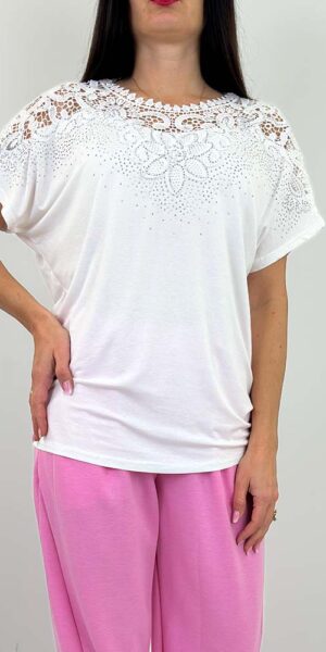 BLUZKA KARINA biała z koronką i cekinami