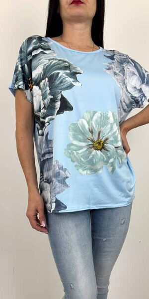 BLUZKA MARIA błękitna wzory KWIATY
