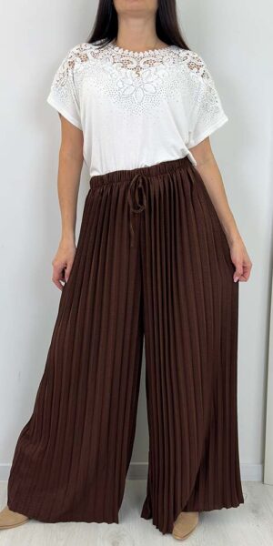 PALAZZO SPODNIE szerokie plisowane plus size brązowe