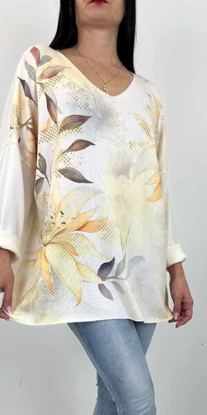 SWETEREK SANDRA w kwiaty beżowo żółty plus size