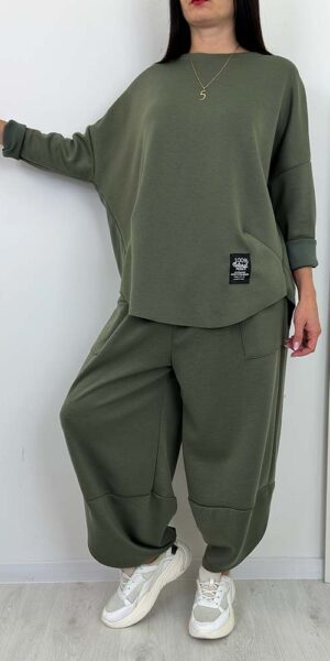 KOMPLET MAJEN SPODNIE I BLUZA khaki masełko większy rozmiar