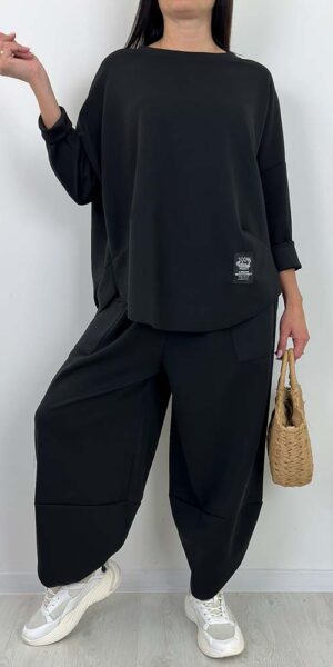 KOMPLET MAJEN SPODNIE I BLUZA czarny masełko większy rozmiar