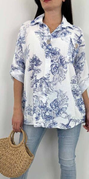 KOSZULA muślinowa GRECJA wzory niebieskie