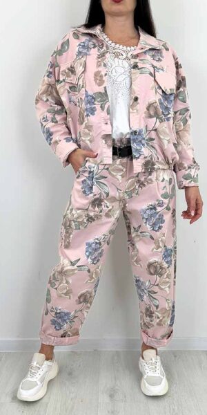 FLEXI KOMPLET w kwiaty  spodnie balloon  + kurtka pudrowy