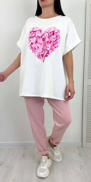 KOMPLET SERCE SPODNIE I BLUZKA  większy rozmiar pudrowy