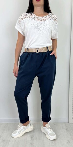 RIBO  spodnie plus szie BOYFRIENDY z paskiem granat