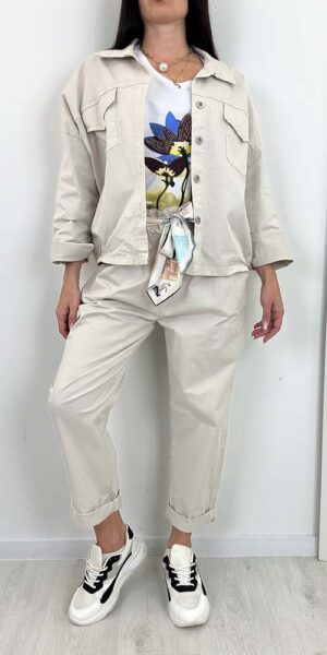 ROBIN KOMPLET w gładki spodnie balloon  + kurtka beżowy