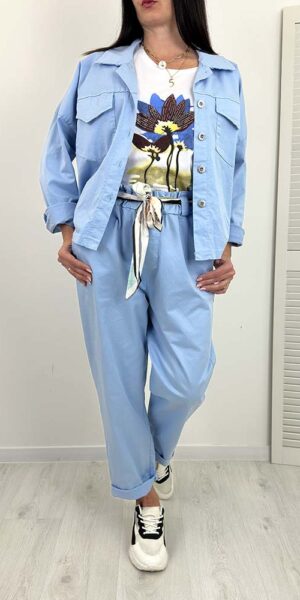 ROBIN KOMPLET w gładki spodnie balloon + kurtka błękitny