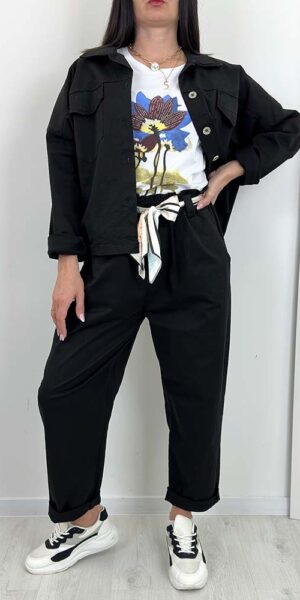 ROBIN KOMPLET w gładki spodnie balloon + kurtka czarny