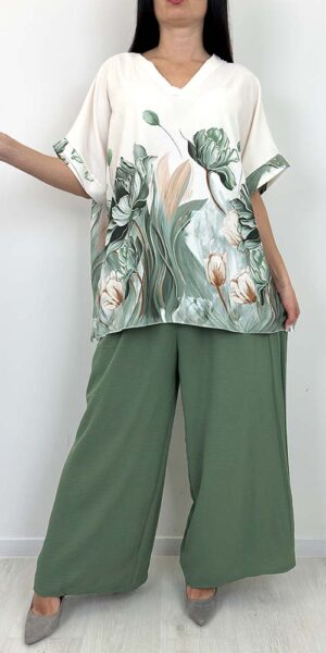 KOMPLET KAREN SPODNIE +BLUZKA khaki w kwiaty