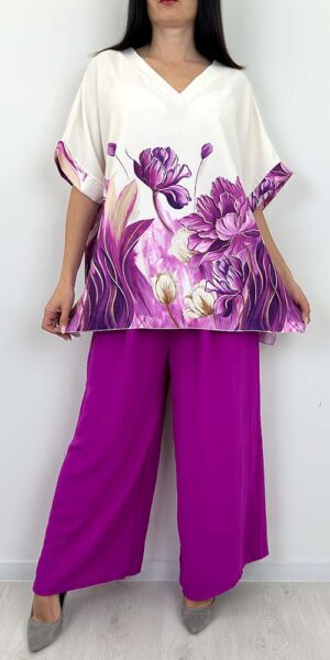 KOMPLET KAREN SPODNIE +BLUZKA fuksja w kwiaty