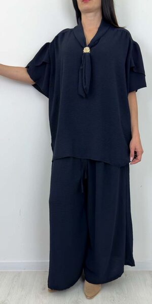 KOMPLET MELANI bluzka spodnie granat ciemny zestaw