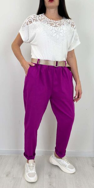 RIBO  spodnie plus szie BOYFRIENDY z paskiem fuksja