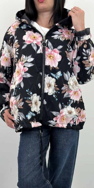 FLORA kurtka w kwiaty bombka wiosenna czarna