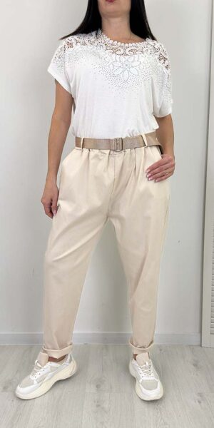 RIBO  spodnie plus szie BOYFRIENDY z paskiem kremowe