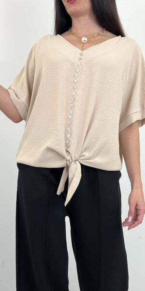 BONNA bluzka nietoperz wiązana beżowa guziki