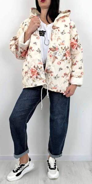 FLORA kurtka w kwiaty bombka wiosenna beżowa