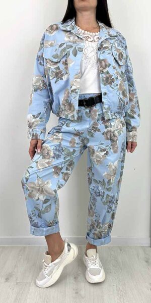 FLEXI KOMPLET w kwiaty  spodnie balloon  + kurtka niebieski