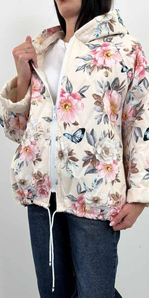 FLORA kurtka w kwiaty bombka wiosenna beżowa