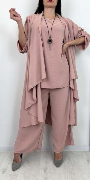 KOMPLET HANNA ELEGANCKI narzutka +spodnie +bluzka pudrowy