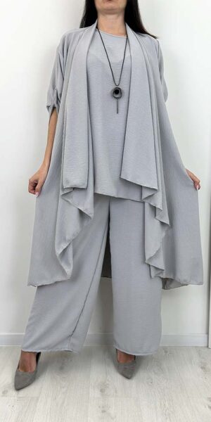 KOMPLET HANNA ELEGANCKI narzutka +spodnie +bluzka szary