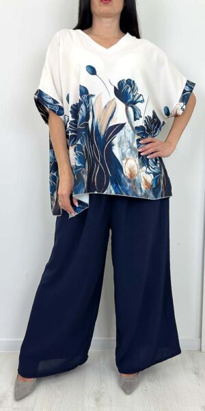 KOMPLET KAREN SPODNIE +BLUZKA granat w kwiaty