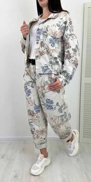 FLEXI KOMPLET w kwiaty  spodnie balloon  + kurtka beżowy