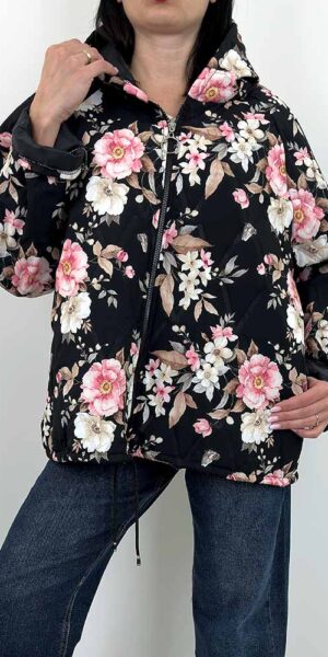 FLORA kurtka w kwiaty bombka wiosenna czarna