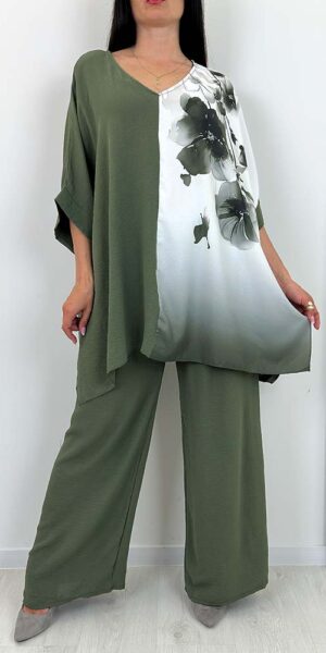KOMPLET BERTA SPODNIE +BLUZKA khaki w kwiaty