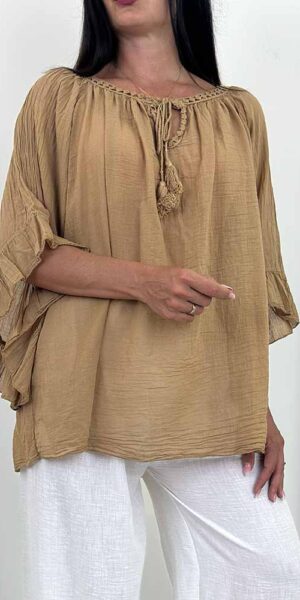 BOHO BLUZKA mgiełka bawełniana luźna camel