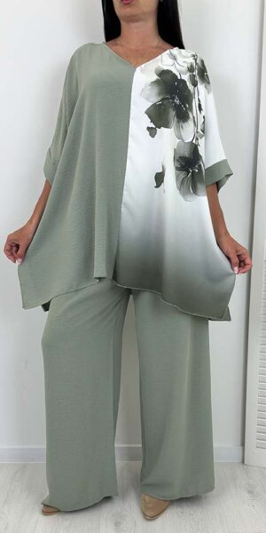 KOMPLET BERTA SPODNIE +BLUZKA khaki w kwiaty