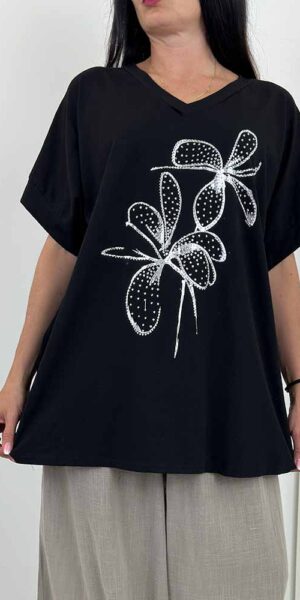 NORA BLUZKA t-shirt biała z kwiatkiem duży rozmiar  czarna