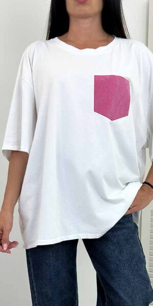 SIMI  BLUZKA t-shirt biała duży rozmiar fuksja