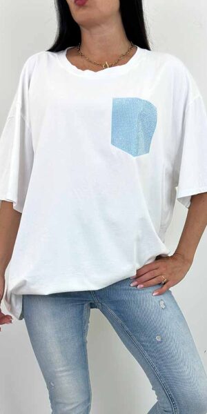 SIMI  BLUZKA t-shirt biała duży rozmiar błękitna