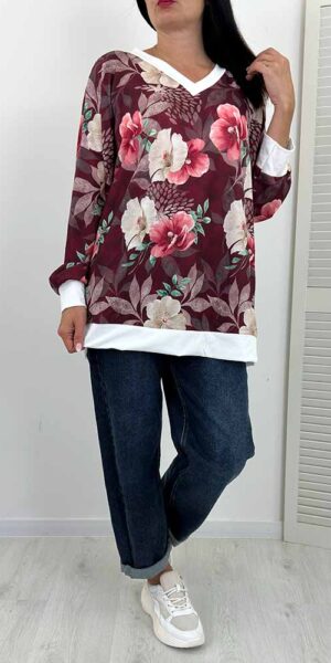 BLUZA KATENA V DEKOLT w kwiaty bordo