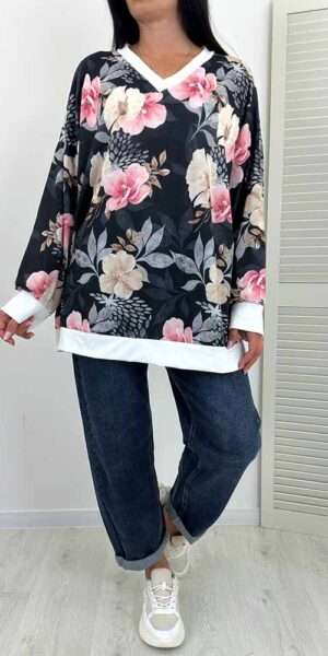 BLUZA KATENA V DEKOLT w kwiaty czarna
