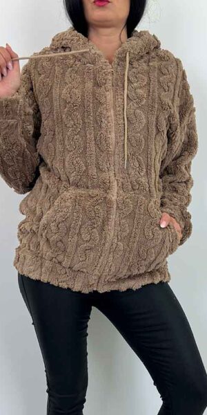 Bluza futerko miękka misiek puszysta na suwak ciemny beżowy