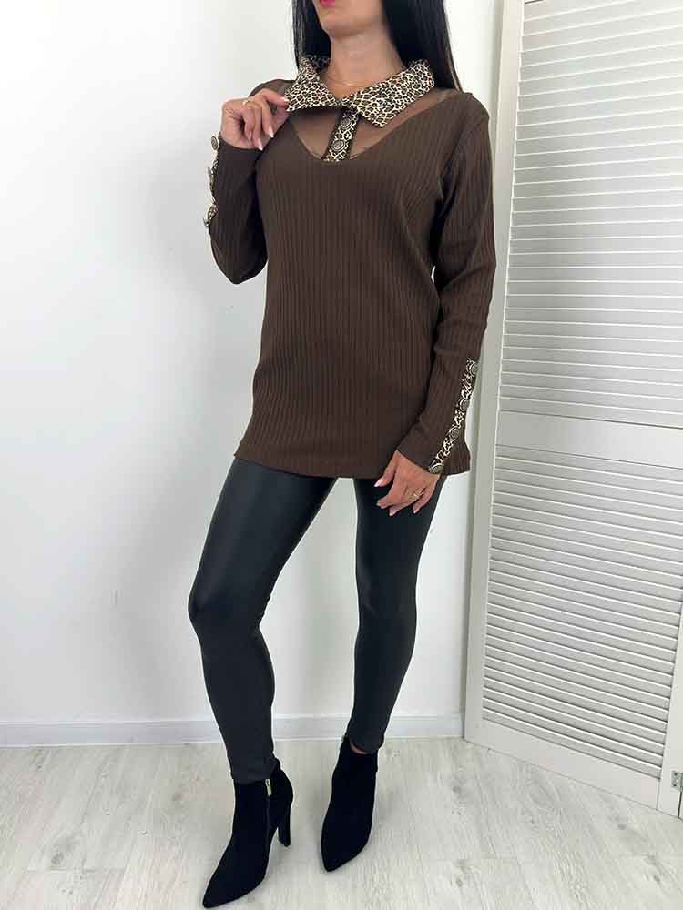 KEJT BLUZKA sweterek prążek elegancka kołnierzyk czekolada - obrazek 4