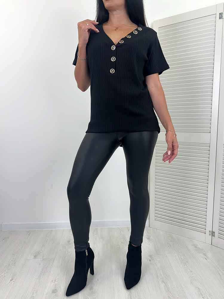 BLUZKA MIKA czarna plus size V dekolt guziki prążek - obrazek 5