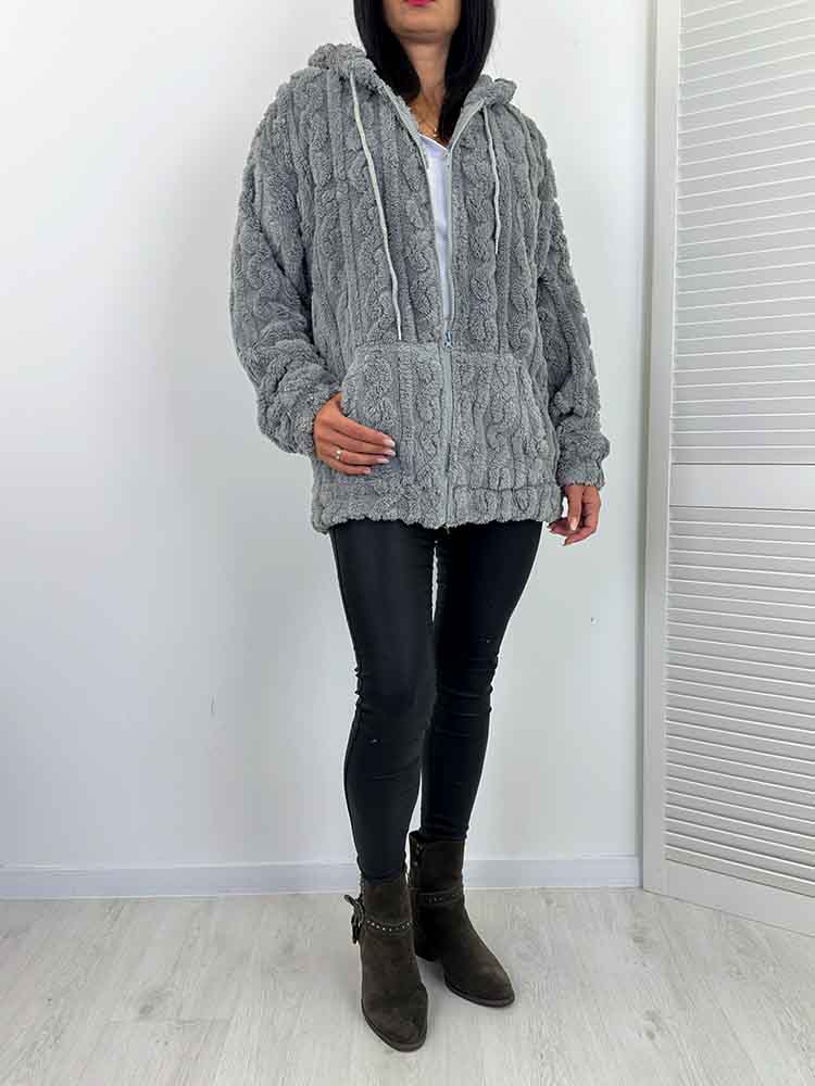 Bluza futerko miękka misiek puszysta na suwak szary - obrazek 2