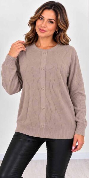 ELEGANC SWETER z ozdobnym splotem i guzikami kakao