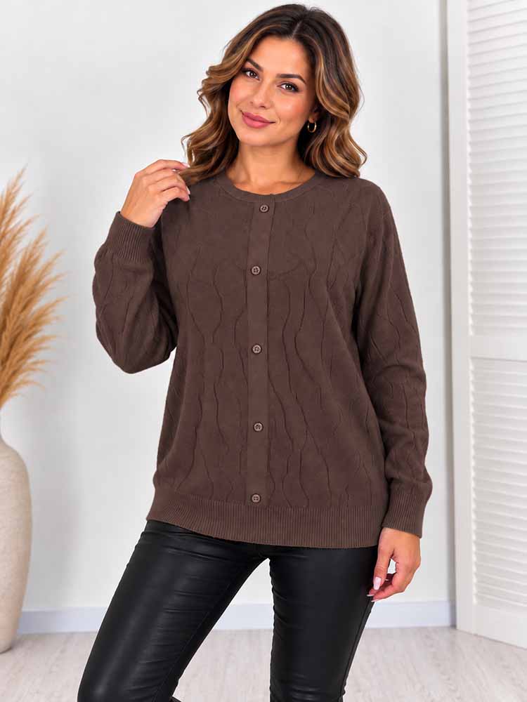 ELEGANC SWETER z ozdobnym splotem i guzikami czekolada - obrazek 2