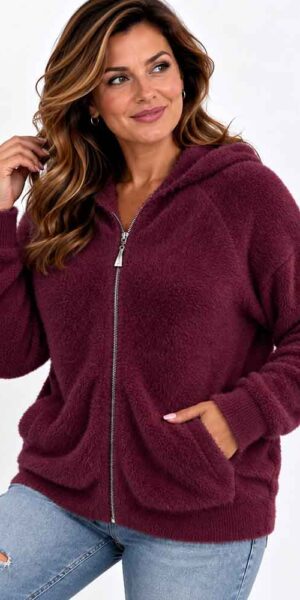 SOFT SWETER miękka bluza z kapturem , włochacz bordo